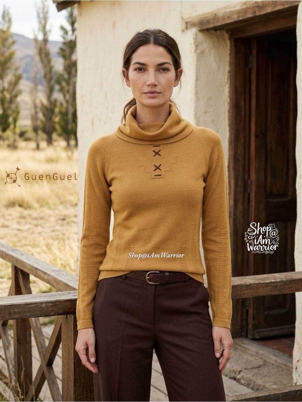 GuenGuel Agnia Patagonian Mustard Merino Wool Tehuelche Cowl Neck Sweater